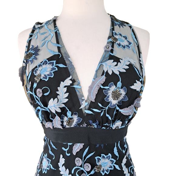 Sandro Floral Embroidered Midi Dress Black Cocktail Party Plunge V-neck Beaded - Picture 6 of 16